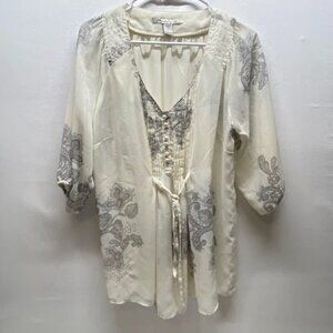American‎ Rag Cie Sheer Blouse Women's Large Ivory pearl Gray Paisley 3/4 Sleeve
